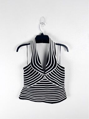 CACHE Black White Striped Deep V-Neck Back Zipper Sleeveless Halter Top 10 Y2K